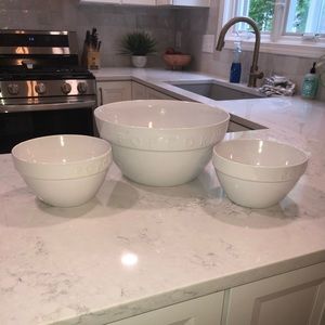 Three White popcorn bowls from Pottery Barn.